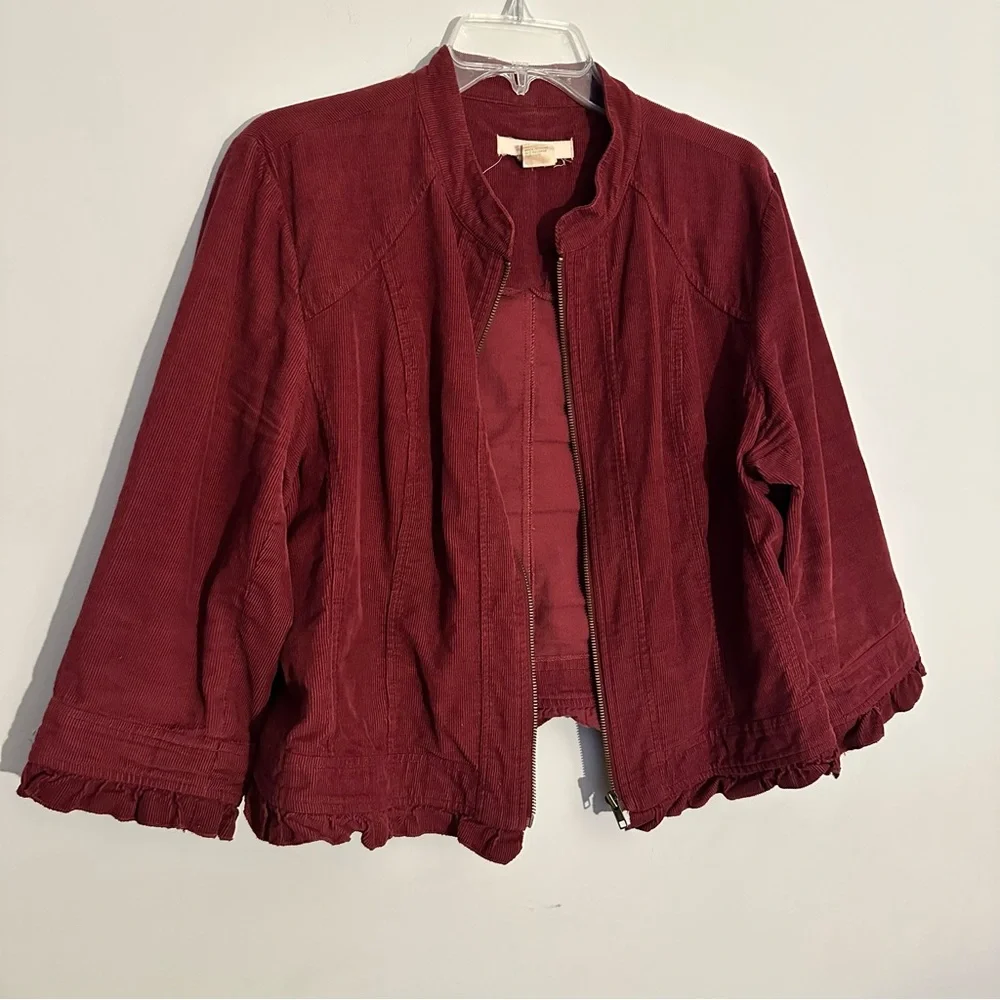 Sandro Corduroy Burgundy Zip Front Jacket Ruffle Hem 3/4 Sleeve Women’s Size XL